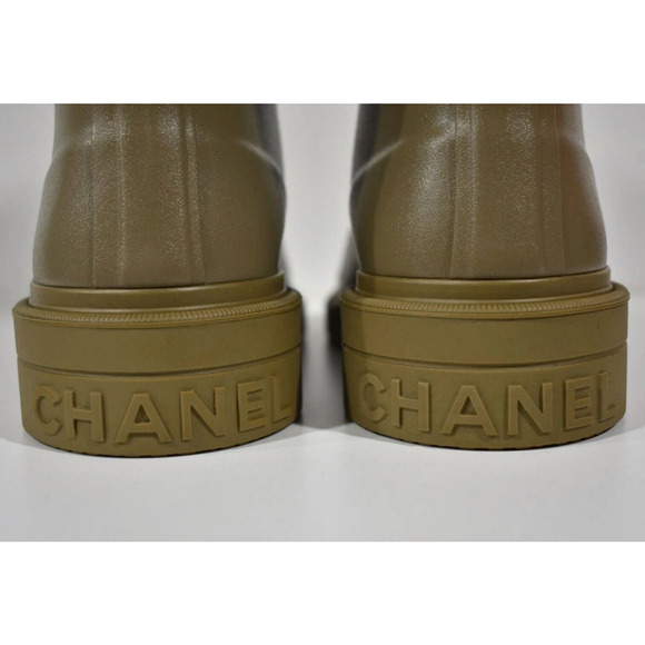 Chanel REV Dark Beige Caoutchouc White CC Logo High Pull On Rubber Rain Boots 36 - Picture 11 of 12